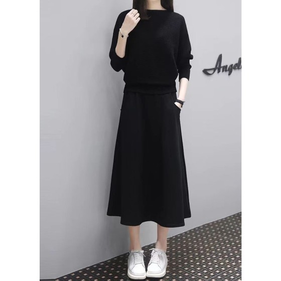 All-Black Dress Two-Piece Set, Chic Loose-Fit Plus-Size Fashion Dress Set