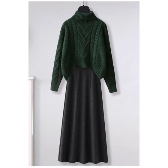 Winter Set Dress - Retro High Neck Sweater in Bottle Green Irregular Knit with High-Waisted A-Line Skirt.