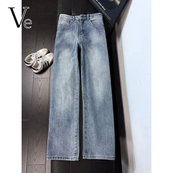 Light Blue Washed Slub Texture Jeans, Men's American High-Street Style Flared Trousers and Straight-Leg Pants